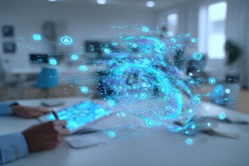 Hands on tablet, digital network graphic