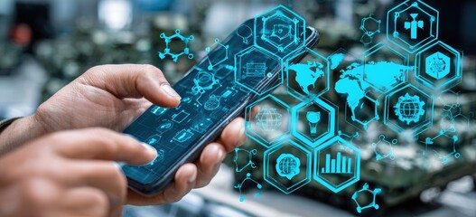 Hands holding a smartphone with overlaid digital interface icons