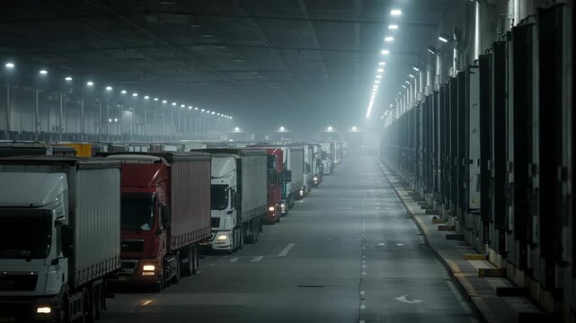 Nighttime Warehouse: Rows of Trucks Under Dim Lighting