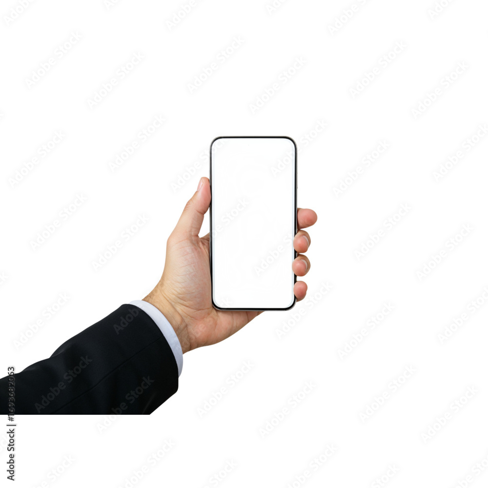 Poster hand holding modern white smartphone displaying gray screen isolated for tech concepts transparent b