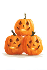 Three cheerful carved pumpkins stacked together, glowing warmly, with a plain white background