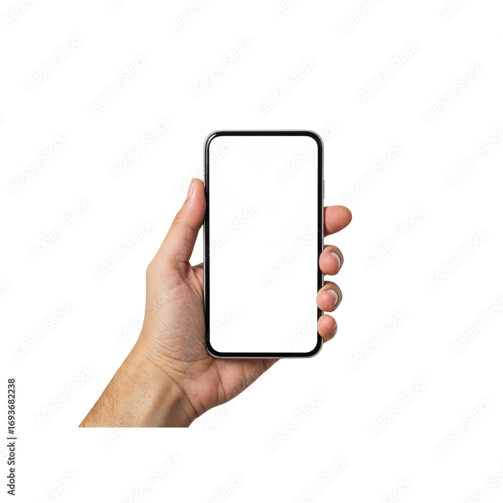 Poster hand holding modern smartphone displaying blank screen ready for content transparent background