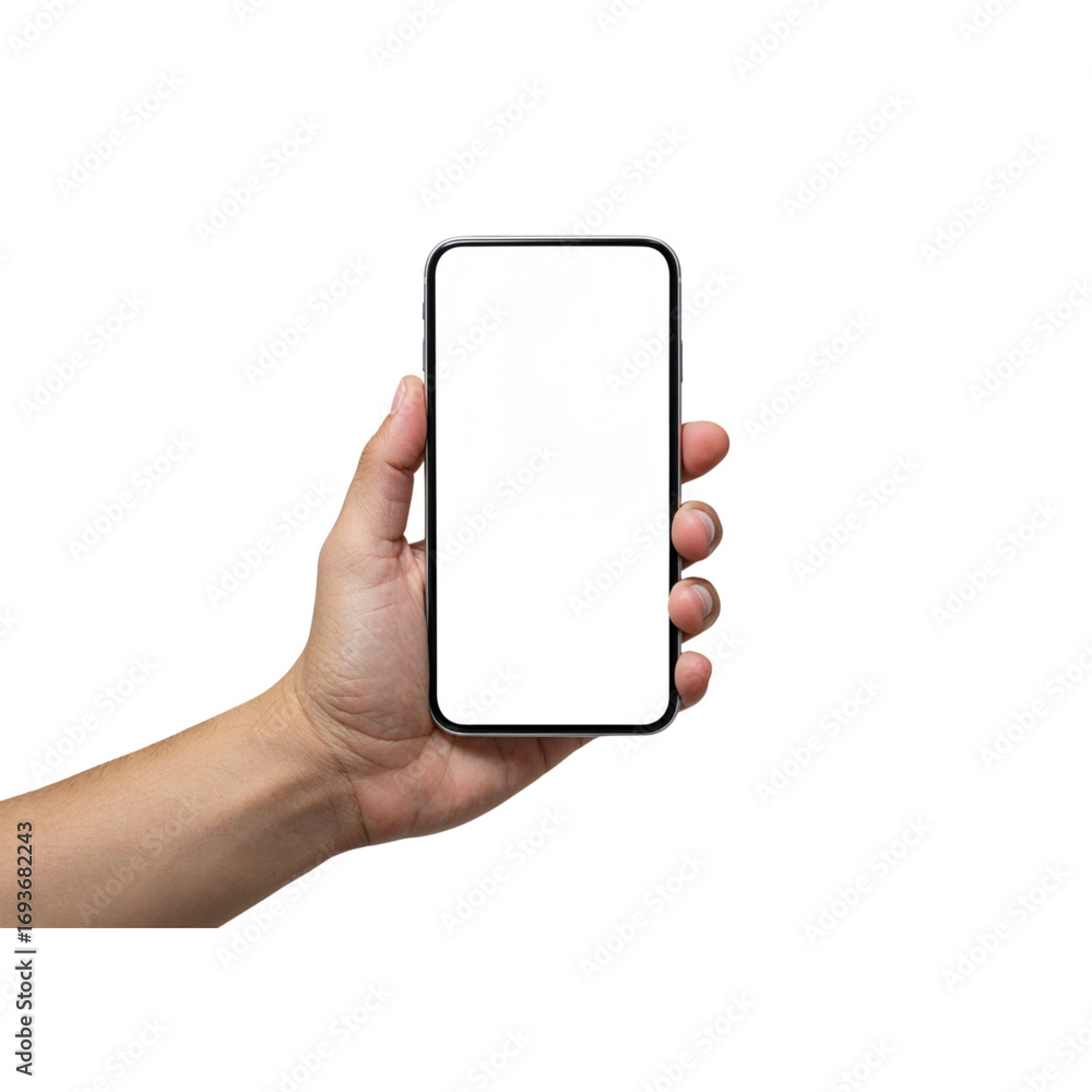 Poster hand holding modern smartphone with blank screen for mockups and technology concepts transparent bac