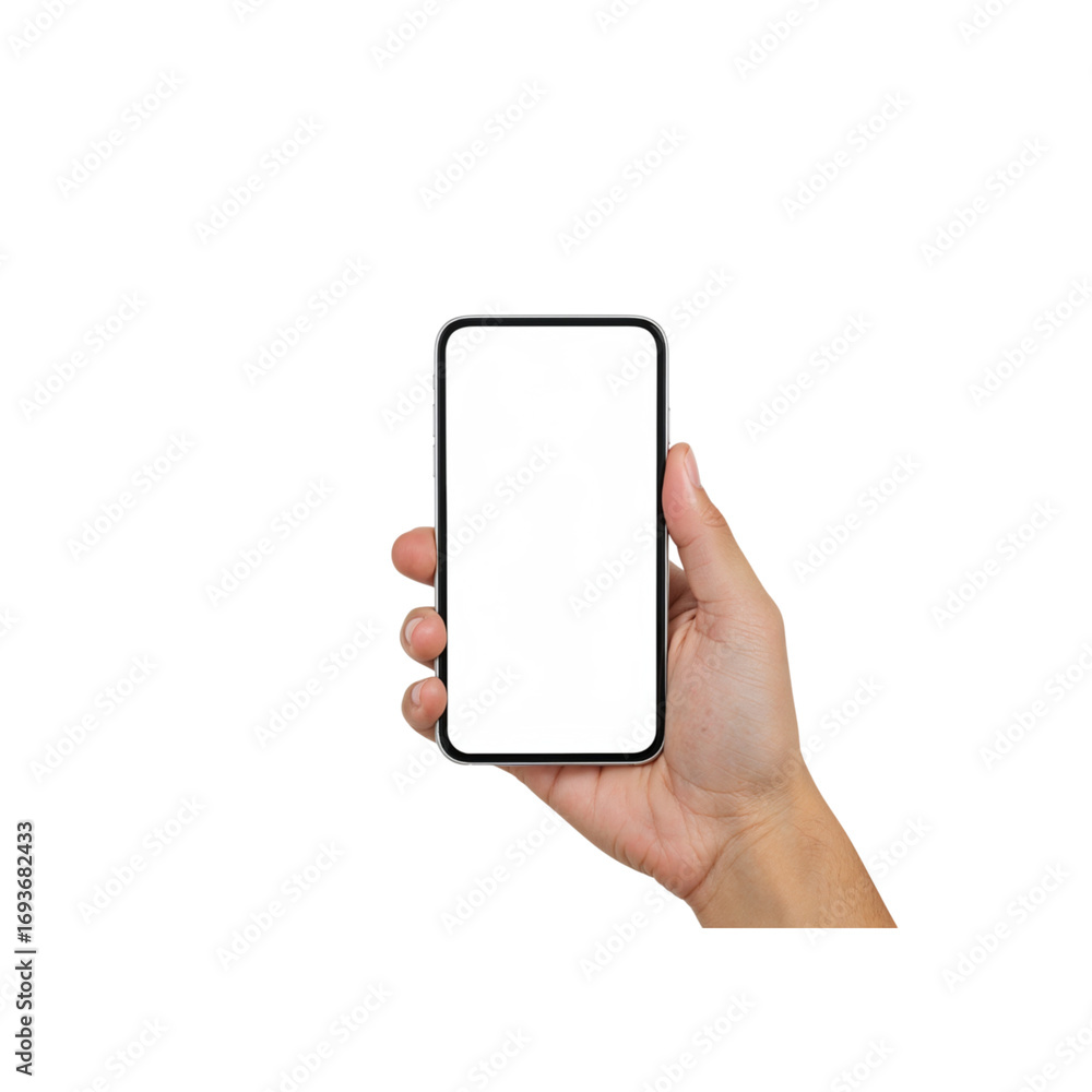 Poster hand holding modern smartphone with dark screen displaying technology transparent background