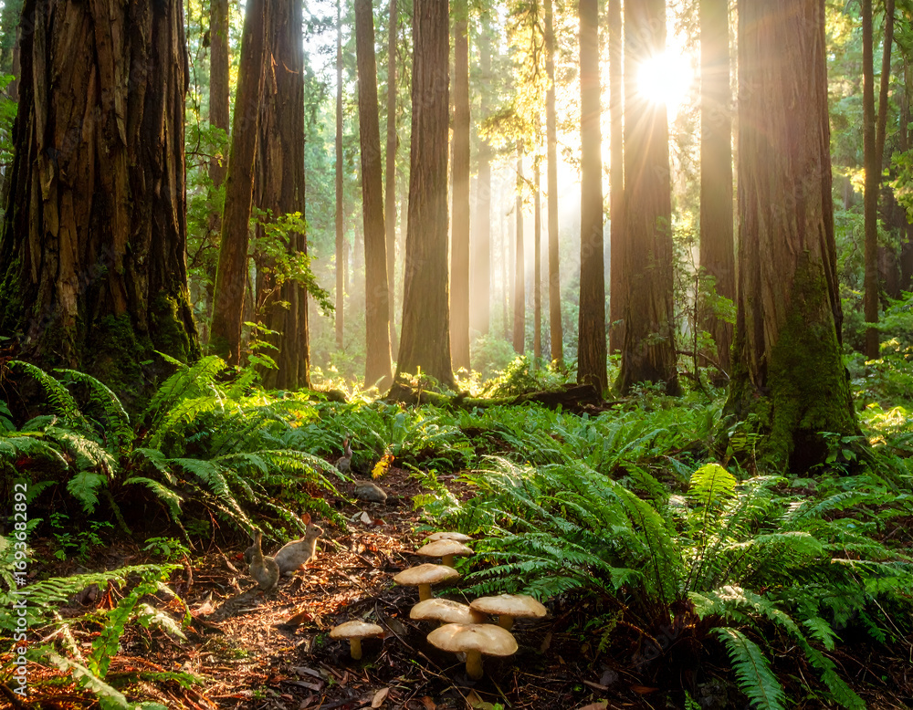 Poster sunlight filtering through forest canopy illuminating mushrooms and ferns