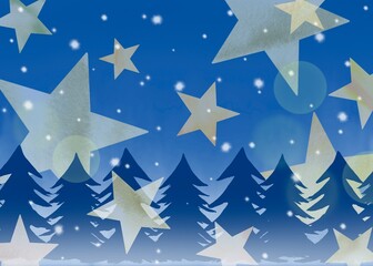 モミの木の森に星が舞い落ちるクリスマスの夜の幻想的な風景。水彩画を使用した優しい雰囲気のイラスト。