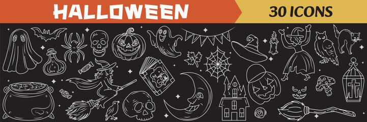 Halloween icon set with bat ghost moon line art witchcraft vector magic pot pumpkin outline