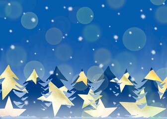 光溢れるクリスマスツリーの森に雪と星が舞うファンタジックなイラスト。クリスマスの夜の静かな光景。