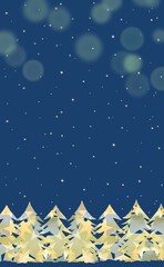 星柄のモミの木の森と星空の風景。静かで幻想的な縦長イラスト。
