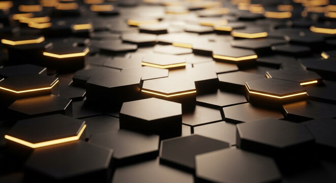 Dynamic dark hexagon pattern with vibrant golden light accents creating a futuristic tech background