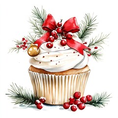 Christmas Cupcake Watercolor Set – Festive Holiday Dessert Illustrations with Frosting, Candy Canes, Stars, Berries & Ornaments on White Background