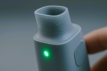 Macro shot of medical inhaler mouthpiece with water condensation and glowing green indicator light, emphasizing healthcare technology design.