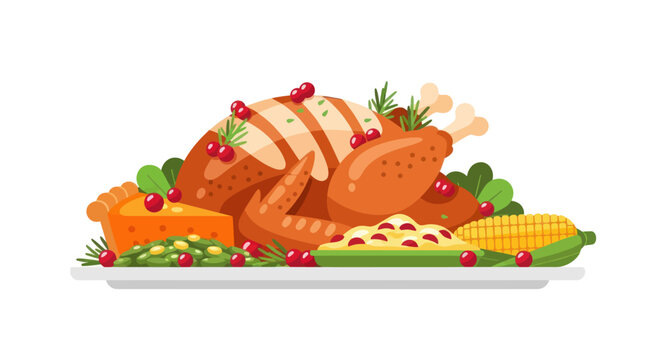 Traditional Roasted Turkey Dinner with Cranberries, Pie, Corn, and Green Beans.