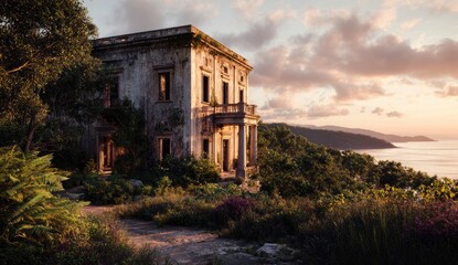Fototapeta premium Abandoned mansion overlooking sea at dawn