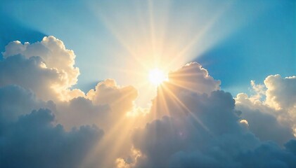 Golden hour sunlight streams through gaps in fluffy white clouds, casting radiant beams across a vibrant blue sky Perfect for summer, nature, and energy themes , rays, heaven, sun ray