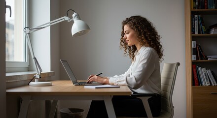 Concentrated Work at Home: A focused individual, bathed in natural light, deeply engrossed in work at her home office desk, surrounded by a simple, minimalist, and peaceful environment.