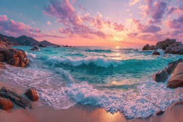 Sunrise over turquoise waves. Rocky beach