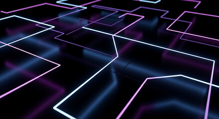 Vibrant network of glowing neon pathways on a dark reflective surface, an abstract representation of future digital technology and data flow