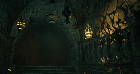 Intricate stone architecture fills the cavern, illuminated by decorative light fixtures casting intricate shadows, creating a mysterious atmosphere in the dimly lit space.