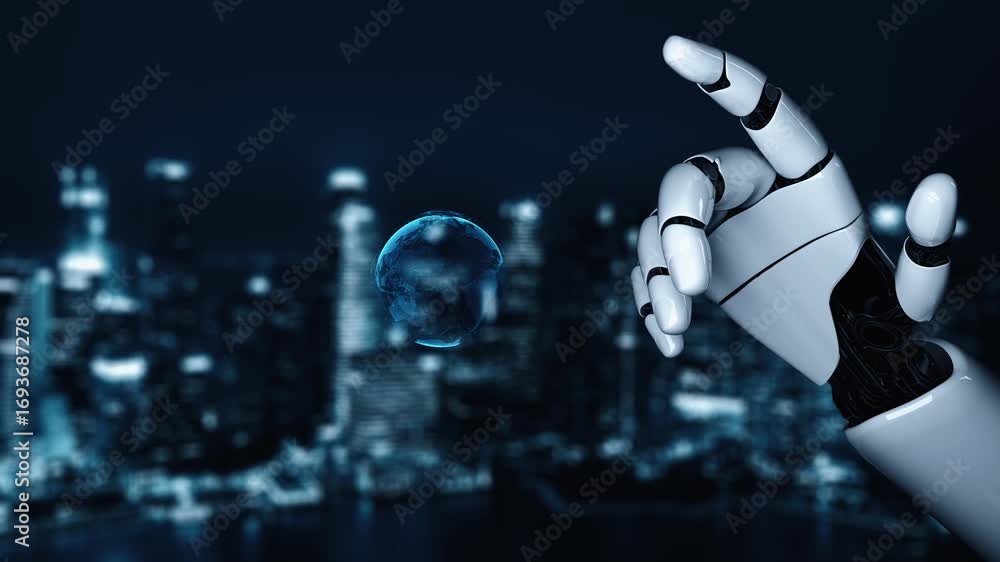 Poster futuristic robot artificial intelligence enlightening ai technology development and machine learning