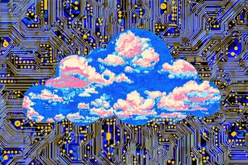 Cloud computing concept; blue sky, fluffy clouds shaped as a cloud computing icon, overlaid on a circuit board
