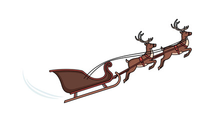 A classic brown Christmas sleigh pulled by two flying reindeer with antlers. © solikhin