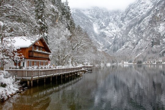 Snowy mountain lake cabin with wooden boardwalk - Powered by Adobe