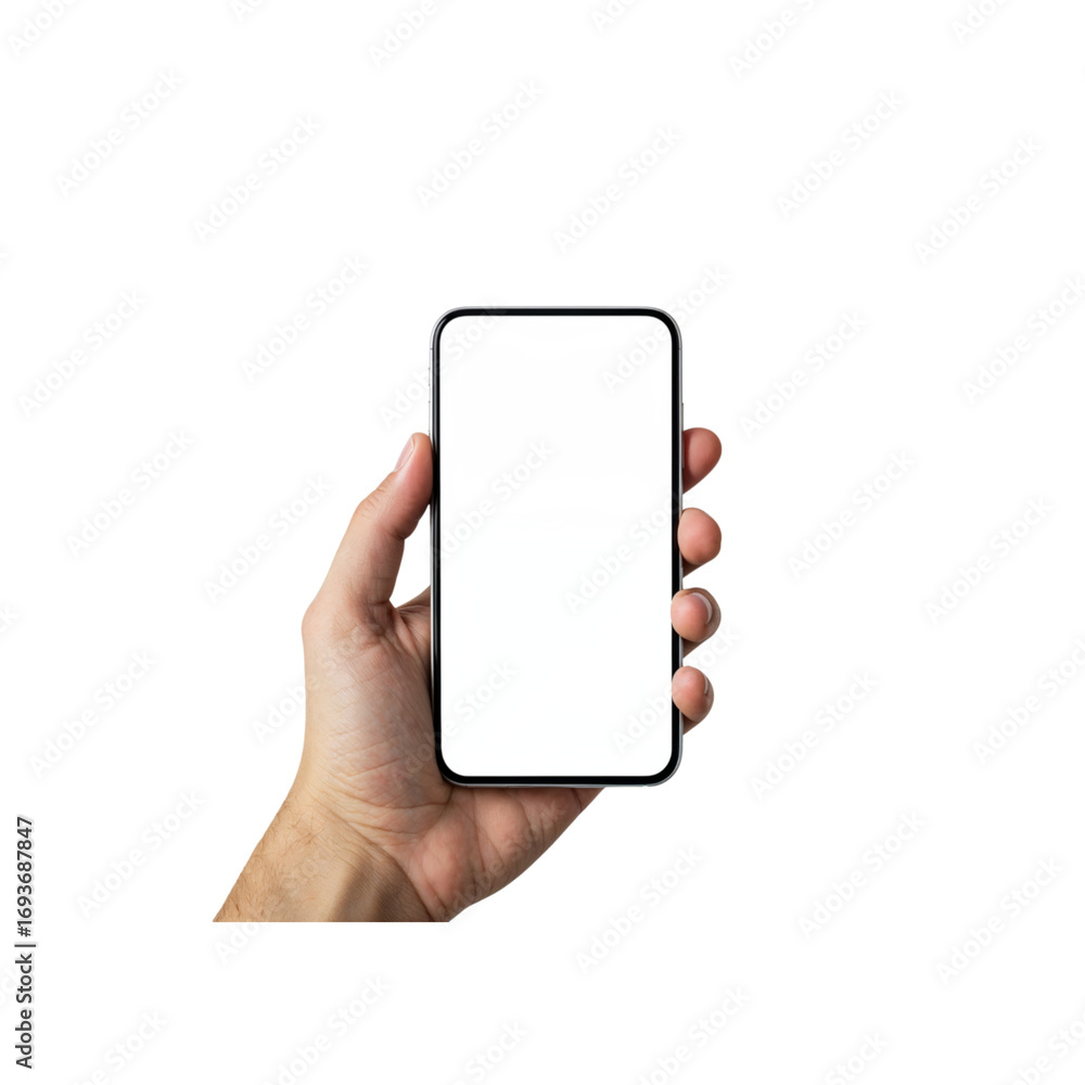 Poster hand holding modern smartphone with blank screen ready for content creation transparent background