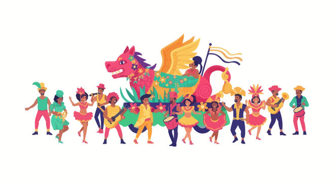 Colorful Carnival Parade with Diverse People and Dragon Horse Float.