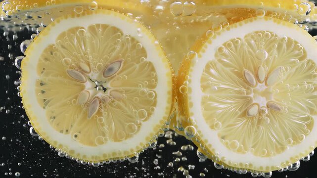 Slices of Lemon Floating in Water with Bubbles Against a Black Background Macro Shot