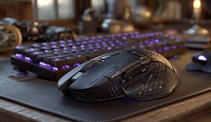 Close-up of black gaming mouse & keyboard with purple lighting