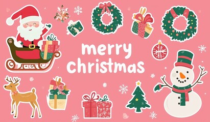 Fototapeta premium Christmas Theme Stickers with Santa Claus Reindeer Sleigh Gifts on Pink Background, Flat Style Vector Illustration 