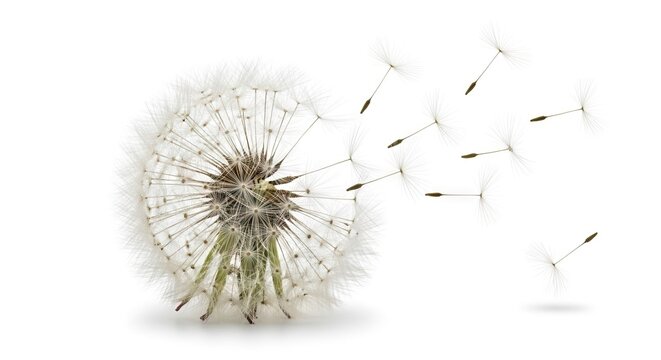 A white fluffy dandelion seed head with many feathery seeds drifting away to the right against a clear white background