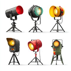 Six colorful studio spotlights on tripods