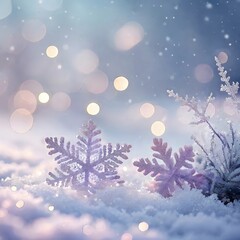Magical winter snowflake bokeh dreamscape with frosty branches and soft lights
