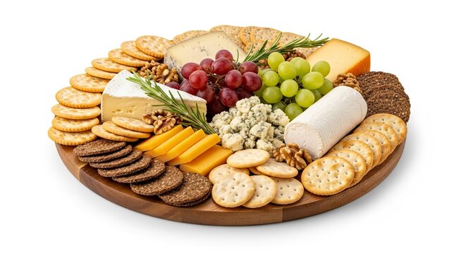 A wooden board laden with different cheeses assorted crackers red and green grapes walnuts and fresh rosemary sprigs presented against a white background
