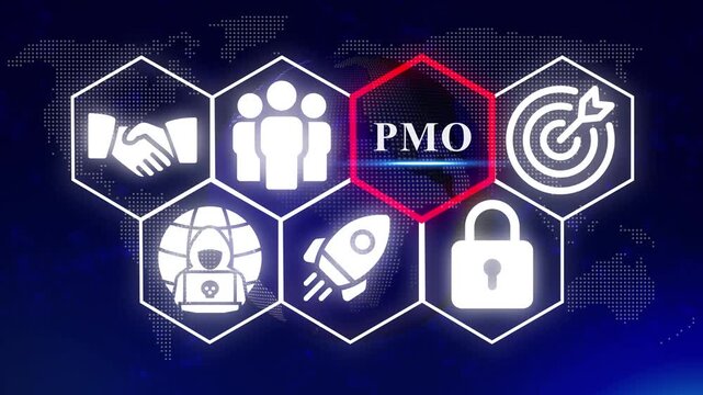 Project Management Office PMO concept with icons for teamwork, handshake, security, innovation, and global reach on a digital world map background