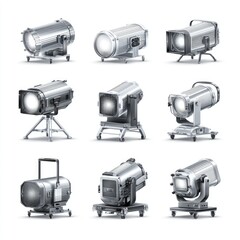 Nine silver studio spotlights of varying designs