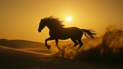 Majestic silhouette of a horse galloping across the desert at sunset creating a scene of freedom