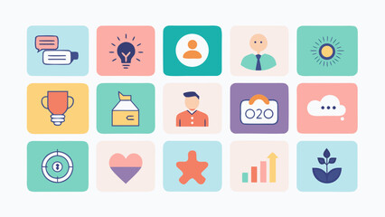 Fototapeta premium Minimalist icon sheet illustrating Gen Z workplace culture, values, and digital-native habits. Designed in a clean flat vector style with soft rounded corners and a vibrant professional color palette.