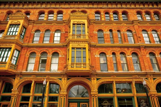 Ornate brick building with arched windows and yellow trim