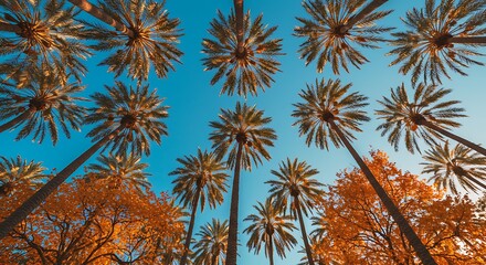 A vibrant low-angle view of tall palm trees against a clear blue sky, with autumn foliage below