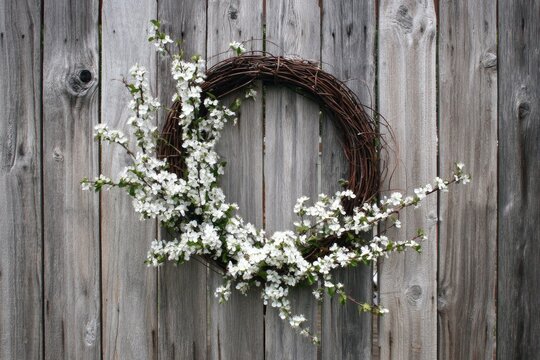 Rustic grapevine wreath adorned with delicate white blossoms, hanging against weathered wood