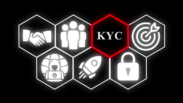 Know Your Customer KYC Icons with Black Background and Hexagonal Grid identity verification security