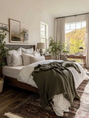 Comfortable bedroom interior featuring warm bedding and minimalist styling ideal for residential photography

