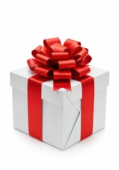 Fototapeta premium Gift Box Delight: A perfectly wrapped present, adorned with a vibrant red ribbon and bow, symbolizing the joy and anticipation of giving.