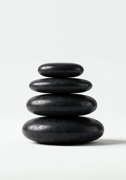 Zen Stones: A close-up shot of a stack of perfectly balanced black stones, embodying serenity, balance, and the core tenets of mindfulness and meditation.