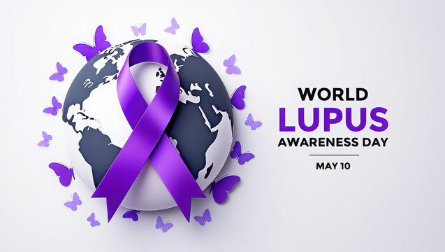 World lupus awareness day with purple ribbon and butterflies around a globe