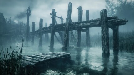 Eerie marshland landscape with weathered wooden pier shrouded in heavy fog and mist offering a