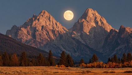 Majestic mountains bathed in golden light, with a full moon in the sky